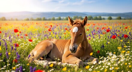 Fototapeta premium Young Chestnut Foal Resting in Colorful Wildflower Meadow