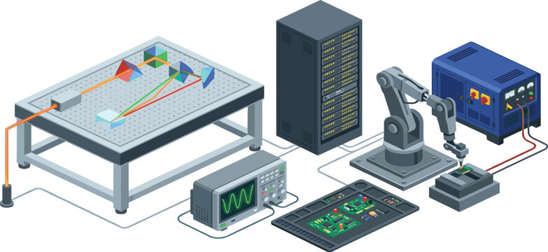 Isometric Photonics and Semiconductor Laboratory Vector Scene with Laser Optical Table, Oscilloscope, Robotic Arm, Server Rack, and Circuit Board Manufacturing Elements