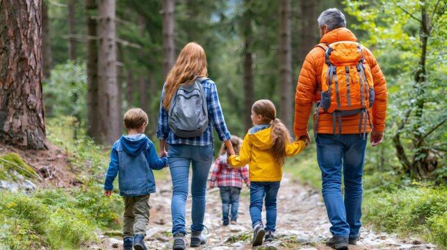 Family hiking together on a forest trail