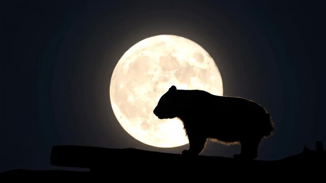 A silhouette of a bear stands before a glowing, bright, full moon in a night sky