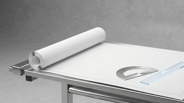 Blank architectural blueprint, metallic protractor and ruler on a desk offering copy space for structural design and real estate branding.