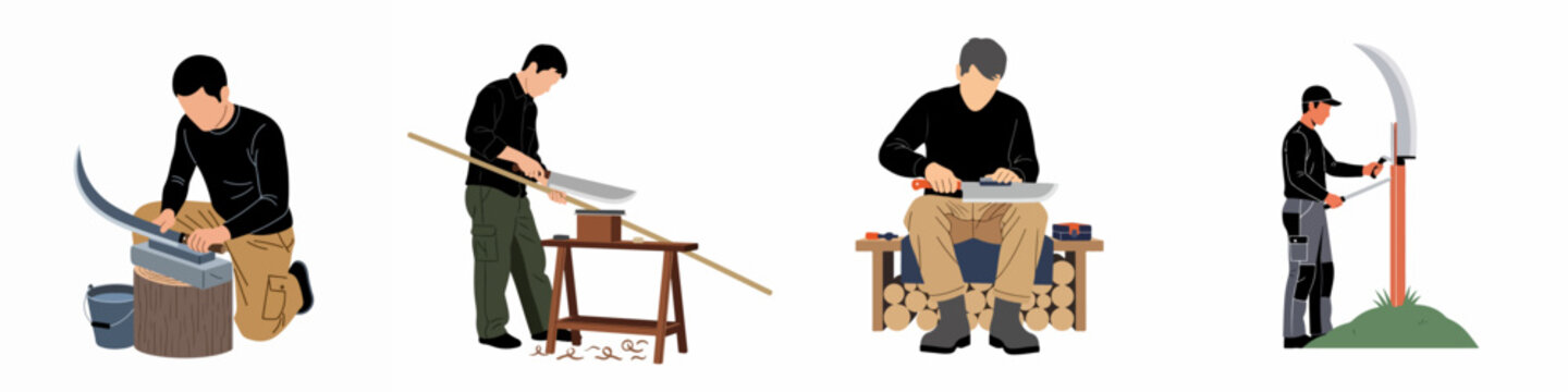 Collection of four flat vector illustrations of men sharpening tools such as scythes and machetes with whetstones in a rural setting.