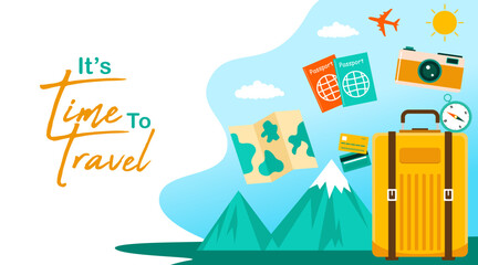 Travel concept vector illustration with suitcase, passport, map, camera, airplane and mountains. Modern tourism banner featuring vacation planning, adventure trips and global travel themes. © GunArtCreative