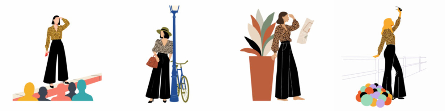 Set of flat vector illustrations featuring stylish women in leopard print tops and black trousers exploring various urban settings and activities.