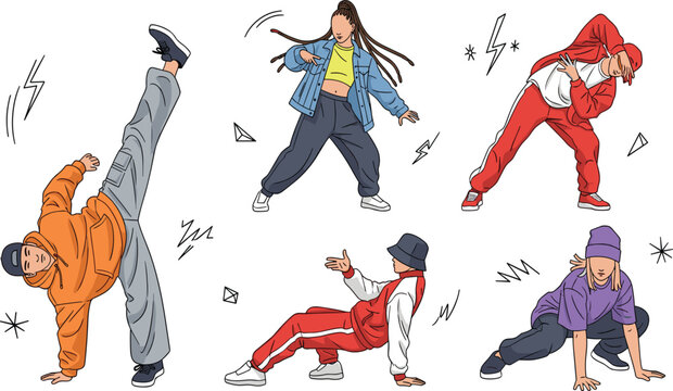Set of hip hop dancers and street dance characters performing breakdance moves pop locking and urban choreography routines in trendy streetwear outfits
