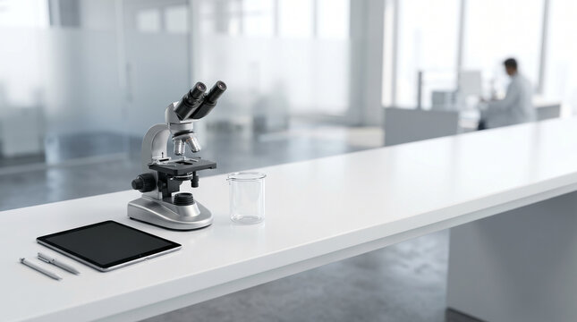 Blank digital tablet, metallic microscope, and glass beaker on a white laboratory desk providing copy space for medical research branding.