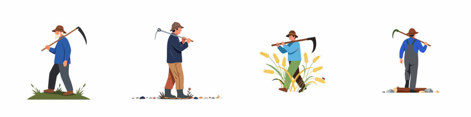 Set of flat vector illustrations featuring various male farmers carrying scythes and hoes, walking through fields and rural landscapes. © Sugik