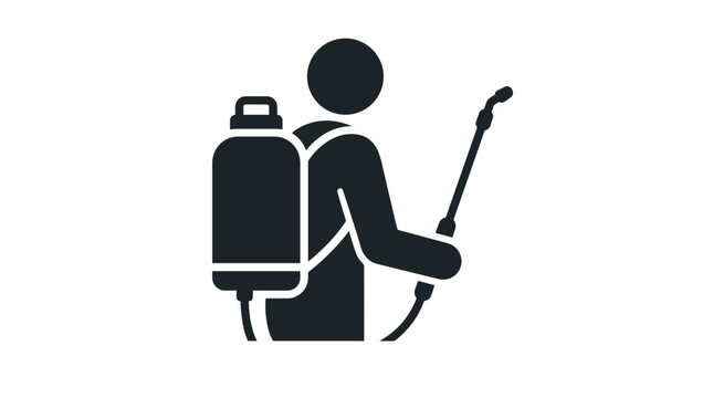 Pest control worker spraying insecticide with backpack sprayer.