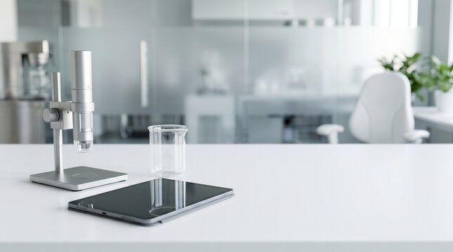Blank digital tablet, metallic microscope, and glass beaker on a white laboratory desk providing copy space for medical research branding.