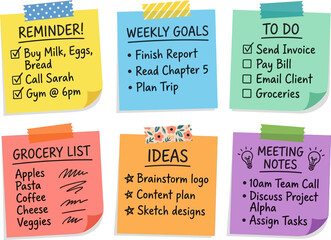 Naklejka premium Collection of colorful sticky notes with checklists and to-do lists for organization and productivity