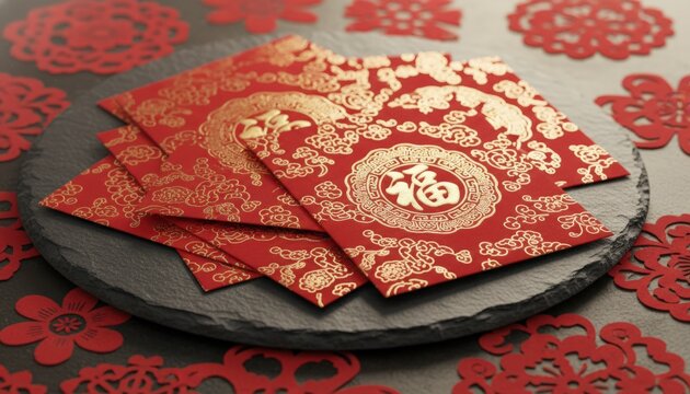 Red Chinese New Year envelopes with gold pattern on slate