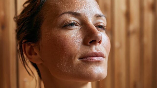 Close-up of a woman's flushed face glistening with sweat in a warm wooden sauna