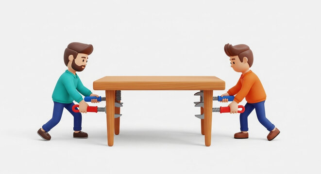 Two cartoon men carrying wooden table together indoors.