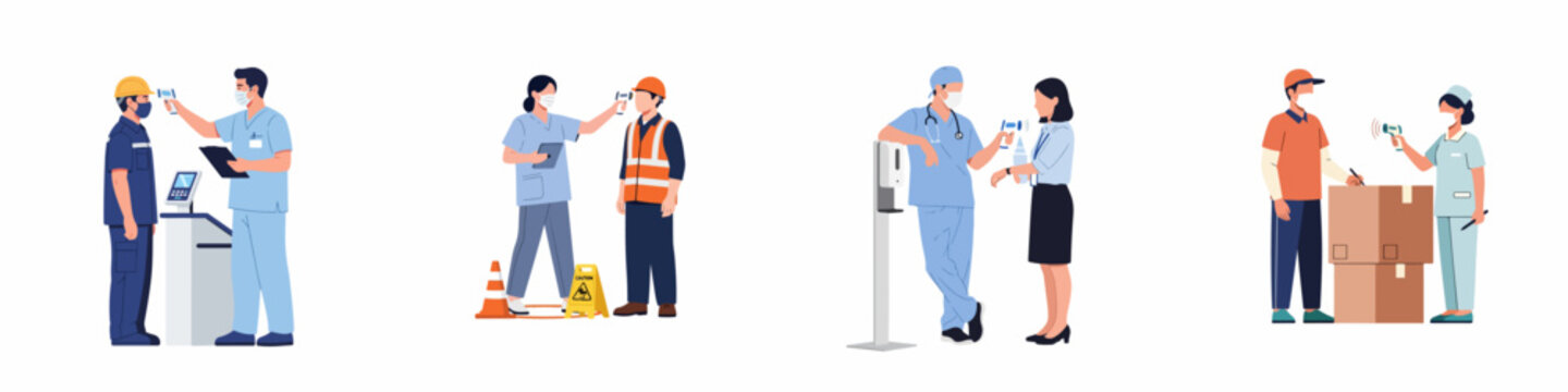 Medical professionals performing temperature checks on diverse workers in various industries to ensure workplace safety during a pandemic, wearing protective masks.