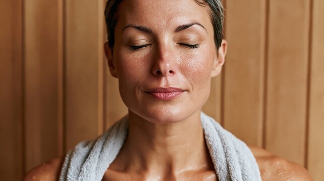 Woman with closed eyes and flushed face enjoying the heat and steam in a wooden sauna
