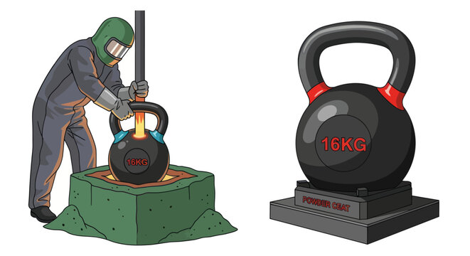 Industrial worker casting a kettlebell in a foundry workshop