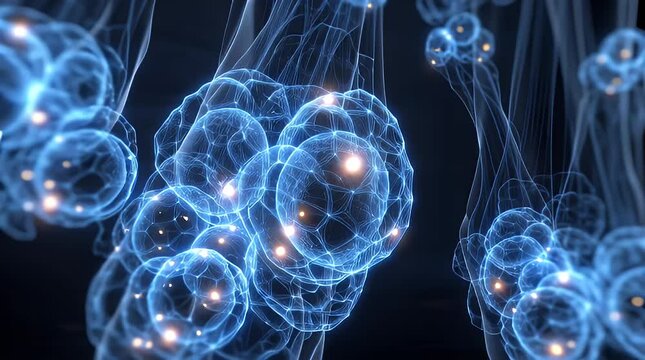 Abstract Blue Scientific Background with Glowing Cells, Bacteria and Energy Pattern Illustration