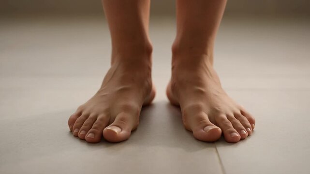 Close up of bare human feet standing on a neutral tile floor