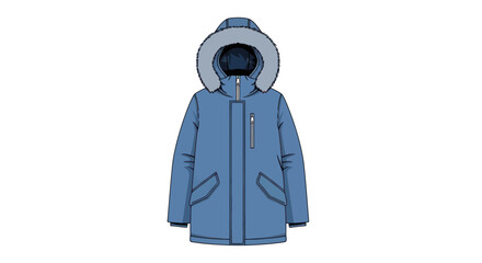 Blue winter parka jacket with faux fur hood isolated on white background © RGN