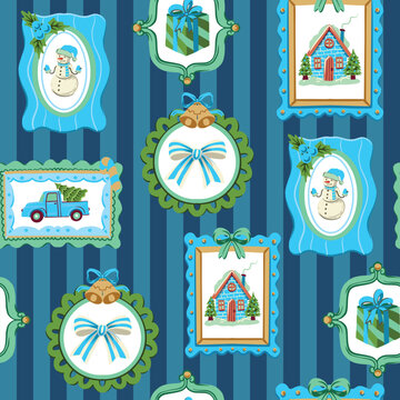 Christmas frames striped seamless pattern with vintage holiday ornaments gifts