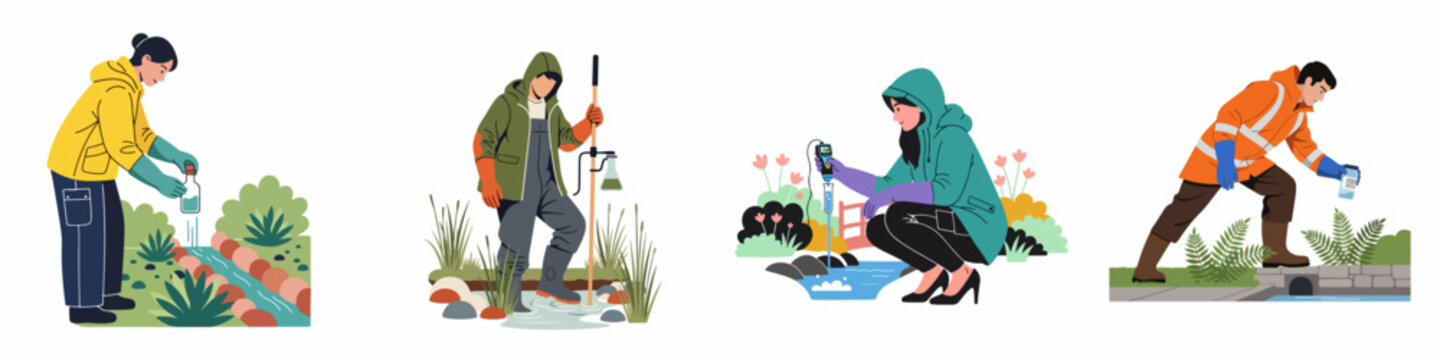 Set of vector illustrations showing ecologists and environmental scientists collecting water samples from natural sources like rivers and ponds for scientific analysis.