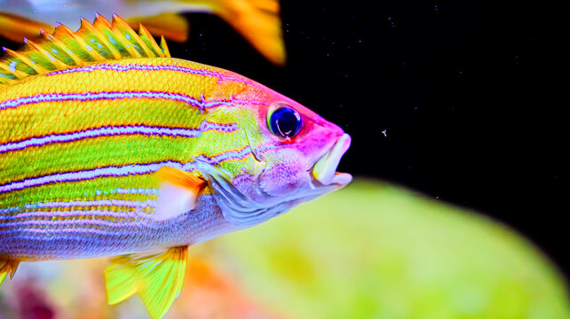 Stunning macro photo of a vibrant, colorful bluestripe snapper fish swimming against a dark background
