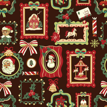 Christmas elements seamless pattern vintage holiday frames festive decorative background 