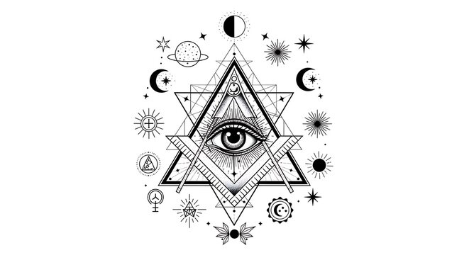 Intricate Mystical Eye Symbol Framed by Sacred Geometry and Celestial Elements on White Background