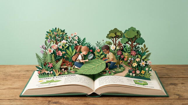 Papercut diorama of an open book growing a botanical garden with miniature students, offering copy space for biology education branding.