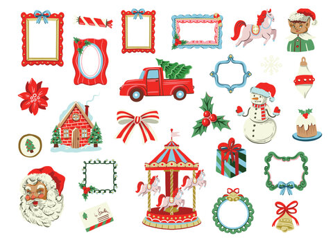 Christmas elements isolated collection festive vintage holiday clipart for greeting cards and scrapbooking