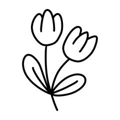 Fototapeta premium Black and white tulip silhouette clipart with simple flower shapes and leaves, perfect for spring crafts, floral printables, stickers, worksheets, and classroom design projects.
