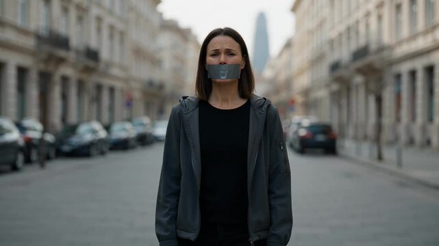 Woman with mouth covered by silver duct tape standing on a European city street representing censorship and silence