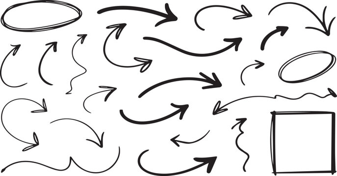 Hand drawn arrow vector collection with sketch doodle arrows circles squares and underline brush strokes isolated on white background illustration