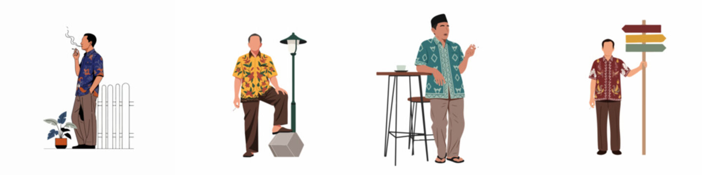 Set of Indonesian Men Wearing Traditional Batik Shirts in Various Poses and Settings, Flat Vector Illustration