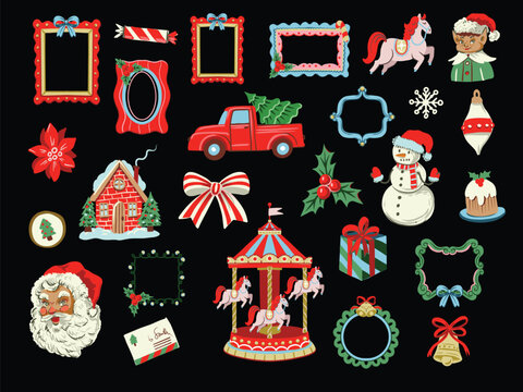 Christmas elements isolated collection festive vintage holiday clipart for greeting cards and scrapbooking