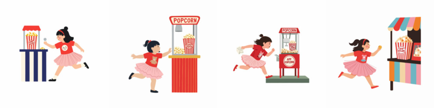 Set of illustrations depicting a young girl in a pink tutu running with excitement towards different popcorn machines and stalls at a fair.