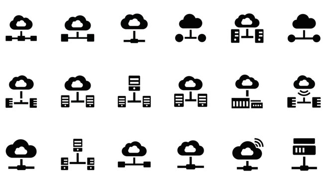 Black icons of cloud computing technology.