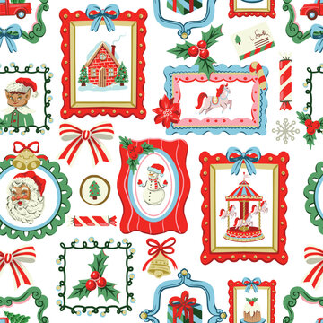 Christmas elements seamless pattern vintage holiday frames festive decorative background 