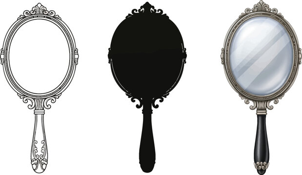 Collection of ornate hand mirrors including a detailed line drawing a solid silhouette and a realistic reflection isolated on white background