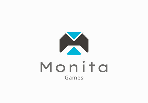 Monita games letter M logo template, abstract gaming controller and media player icon vector illustration