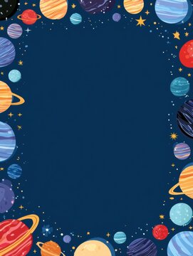 Colorful planets and stars create a border around a deep blue background, providing a space theme for various creative projects or designs.