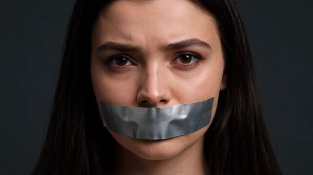 Young woman with silver duct tape covering her mouth looking distressed and silenced against a dark background