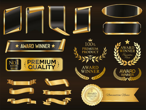 Price tags, black and gold ribbon banners. Sale promotion, website stickers, new offer badge collection isolated