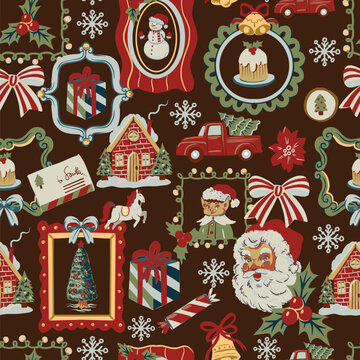Christmas elements seamless pattern vintage holiday frames festive decorative background 