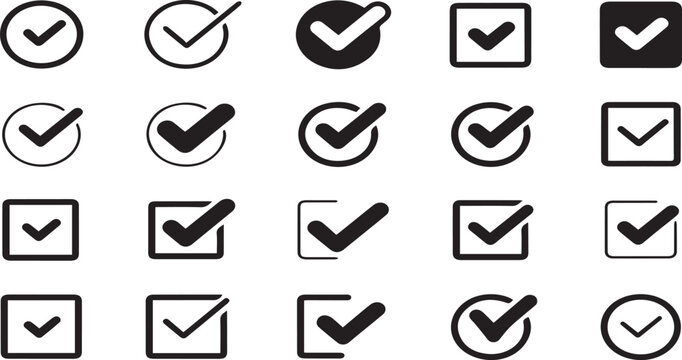 Check mark and checkbox vector icon set with tick symbols in circles and squares for ok list approve choice and vote outline illustration