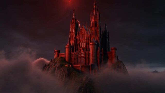Ancient gothic fantasy castle on a mountain cliff under a dark red storm sky with lightning strike