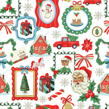 Christmas elements seamless pattern vintage holiday frames festive decorative background 