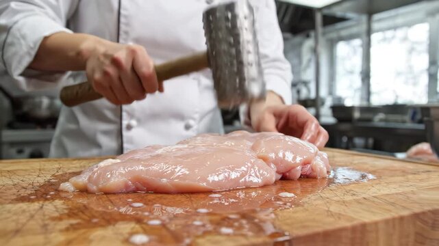 Chef pounding raw chicken on cutting board