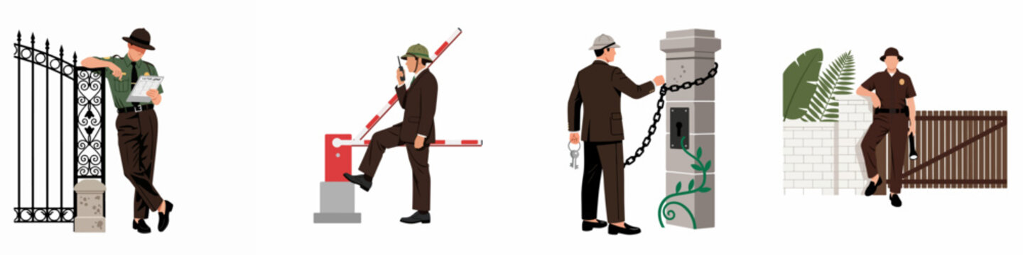 Flat illustration set of security guards and gatekeepers in various uniforms standing by gates, barriers, and stone pillars with keys and walkie-talkies.