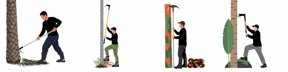 Set of Illustrations Representing Workers Harvesting Oil Palm Fruit and Maintaining Trees Using Traditional Tools in a Tropical Plantation Setting © Sugik